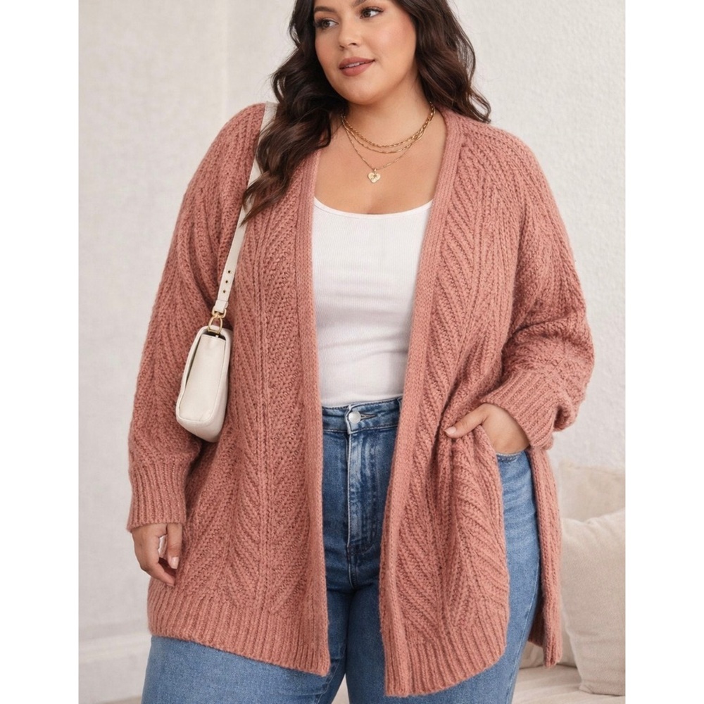 Cozy Boho Chunky Cable Knit Cardigan Rose Pink Open Front XXL Universal Thread - Picture 11 of 11